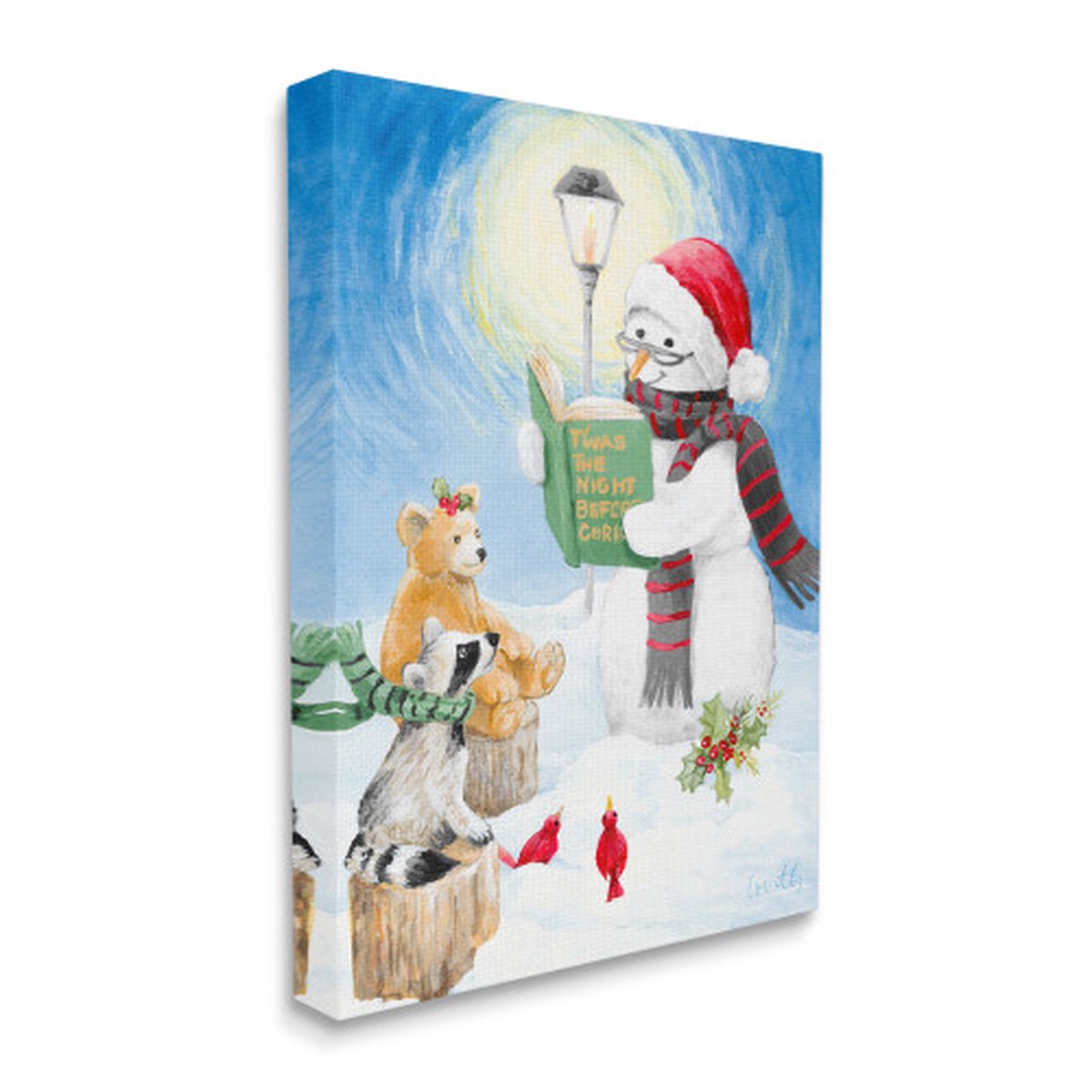 Blue and White Christmas Snowman Reading Holiday Animals Rectangular Canvas Wall Art 48" x 36"