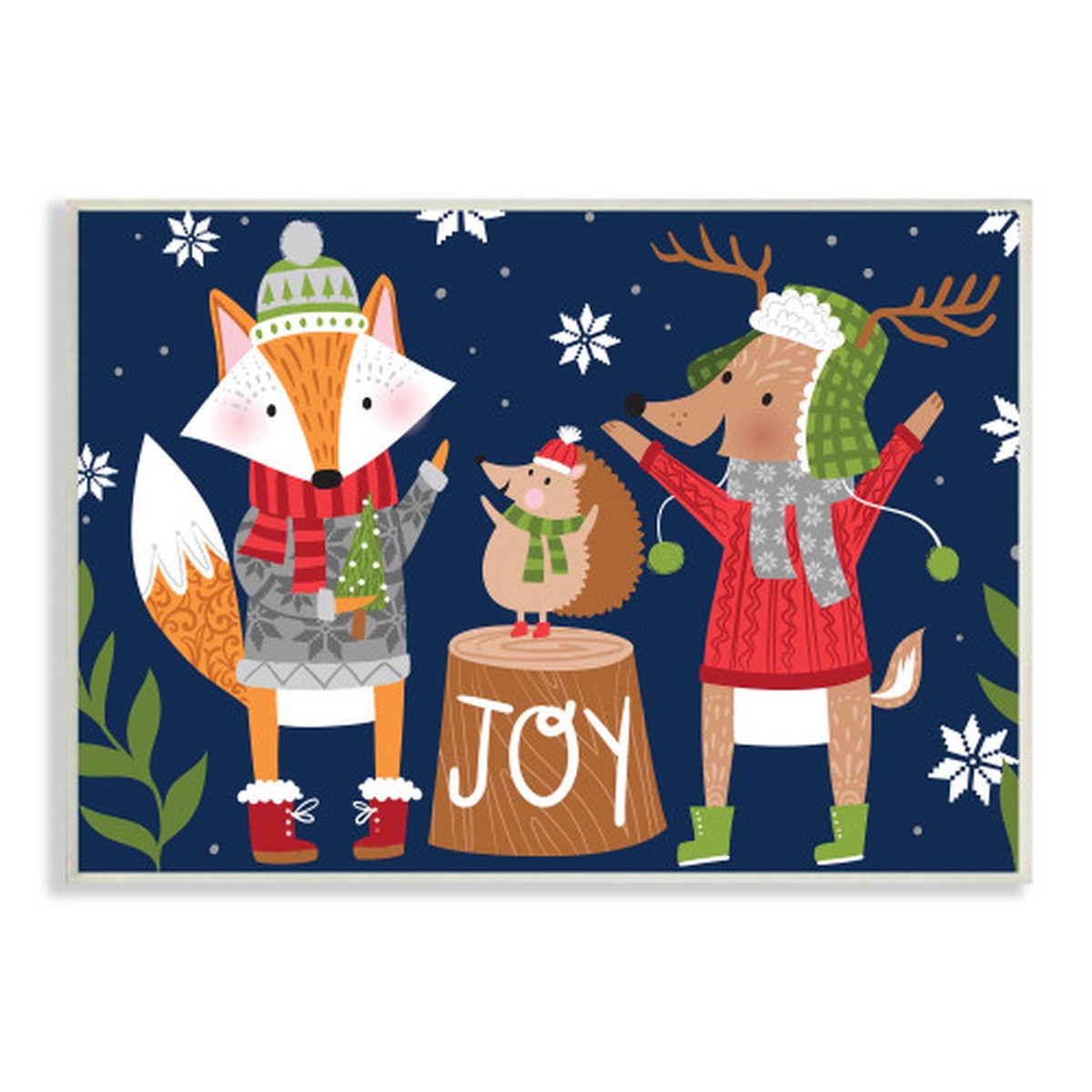 Brown and Blue Winter Animals Fox Reindeer Hedgehog Rectangular Wall Plaque Art 15" x 10"
