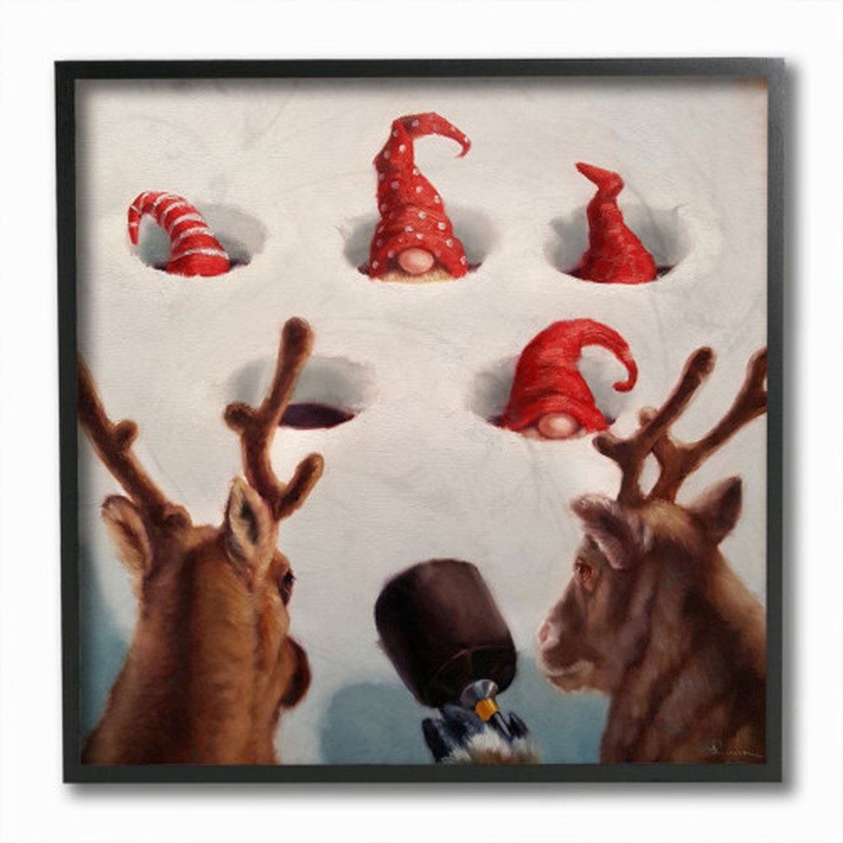 Brown and White Whack an Elf Christmas Framed Giclee Texturized Square Wall Art Decor 12" x 12"