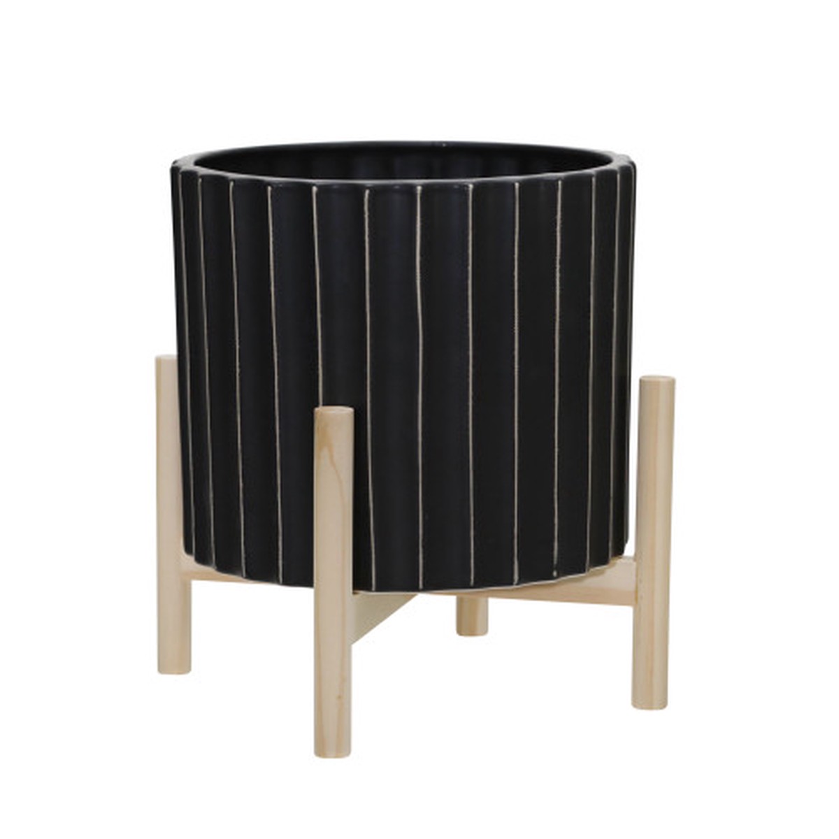 Ceramic Fluted Planter with Wood Stand - 12" - Black and Brown
