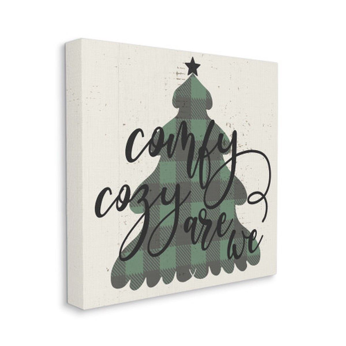 Green and Black "Comfy Cozy Are We" Plaid Christmas Tree Stretched Canvas Wall Art Decor 24" x 24"