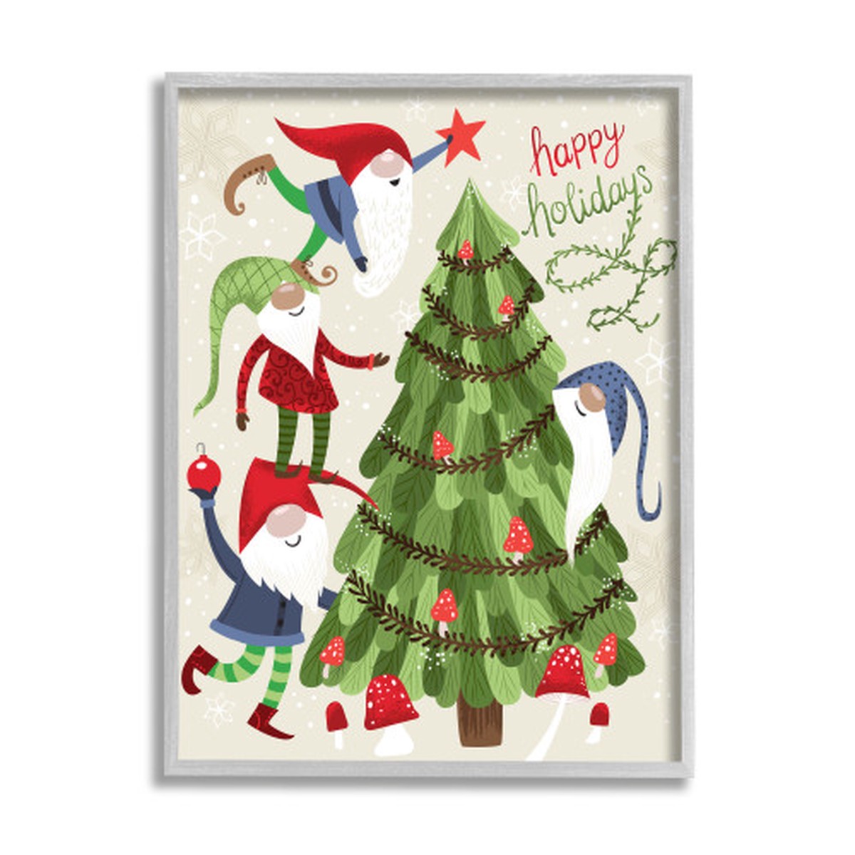 Green and Red Happy Holidays Gnomes Forest Tree Farmhouse Rustic Framed Wall Art 30" x 24"