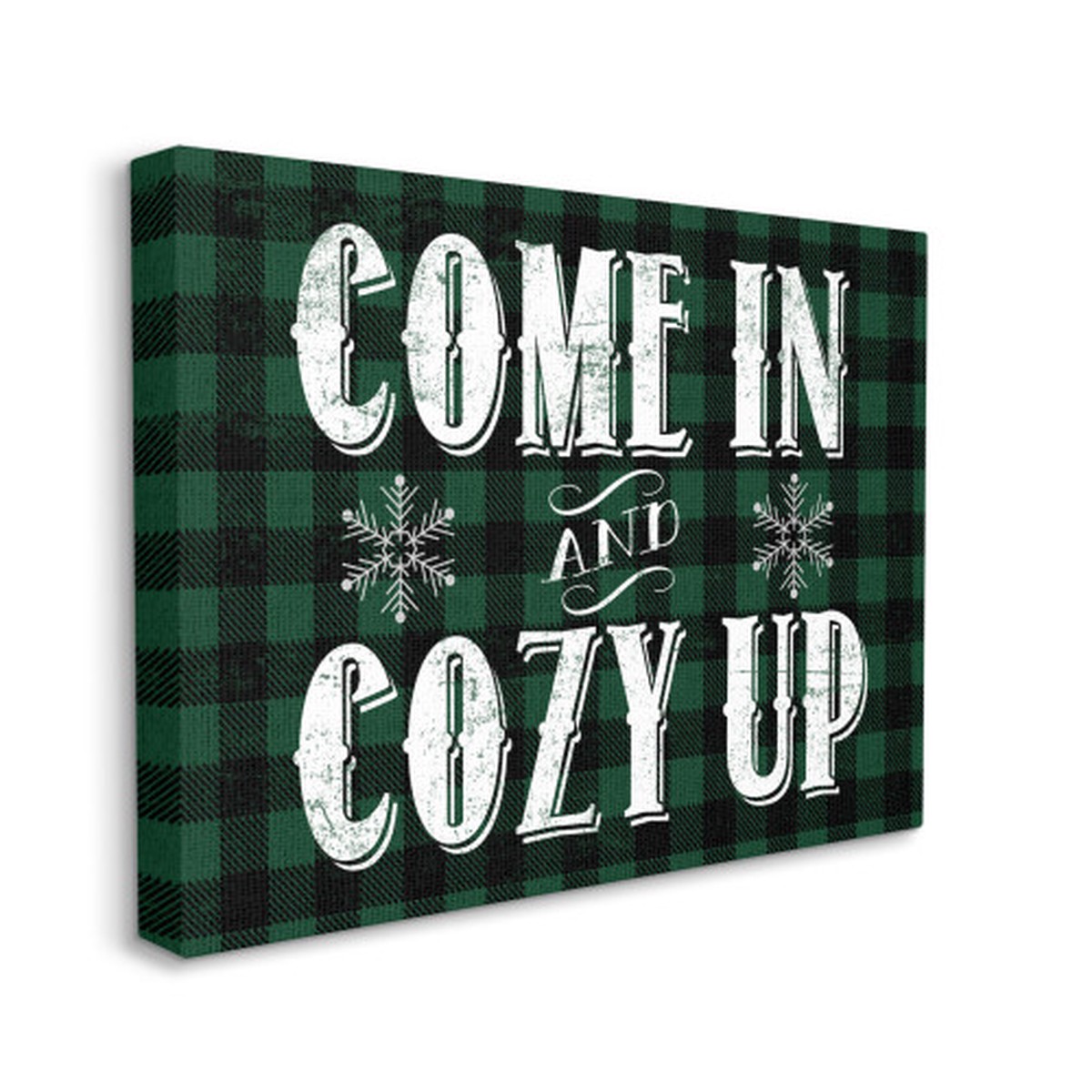 Green and White Plaid "Come In Cozy Up" Phrase Stretched Canvas Wall Art Decor 24" x 30"