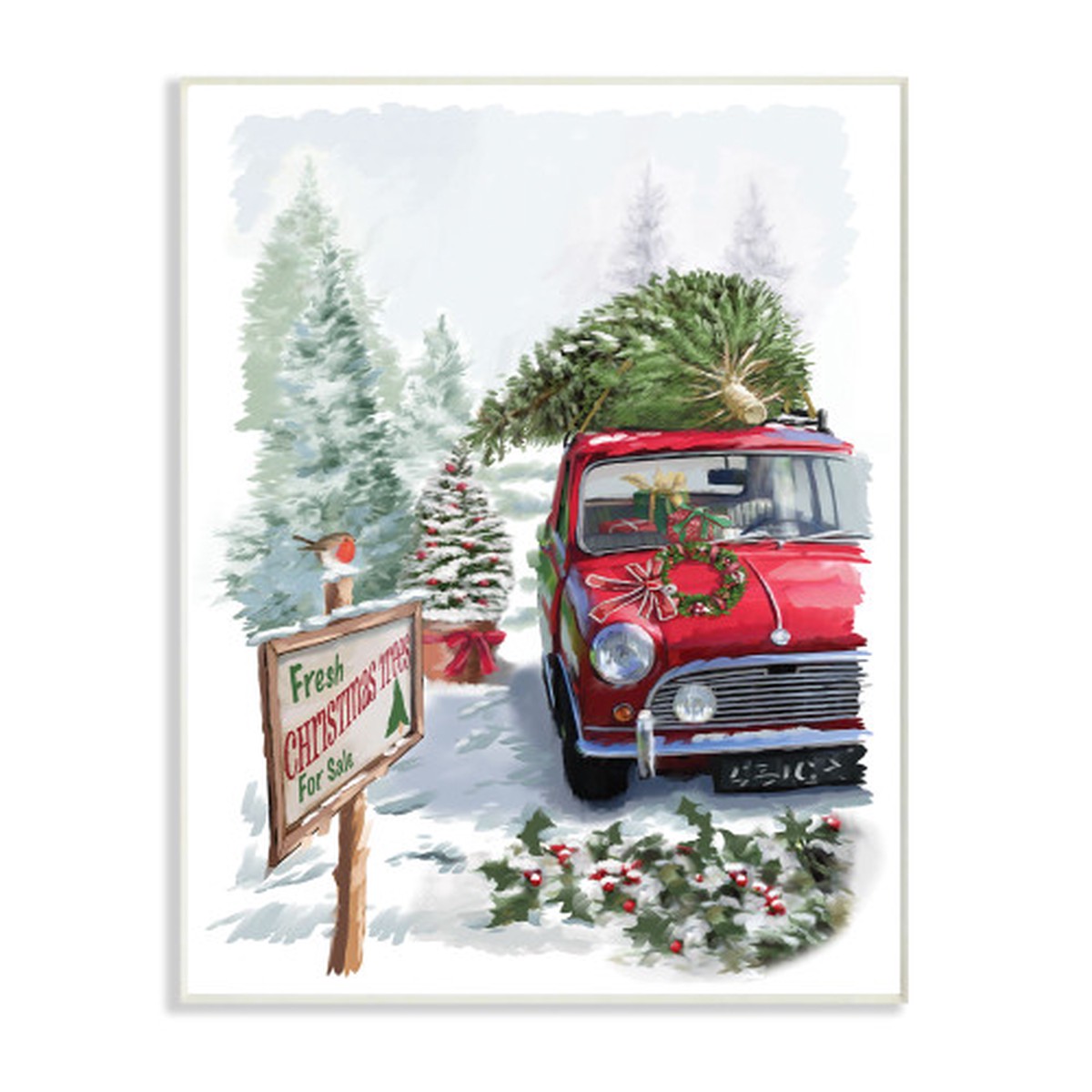 Green Christmas Trees On A Red Car Truck Painting Rectangular Wall Plaque Art 15" x 10"