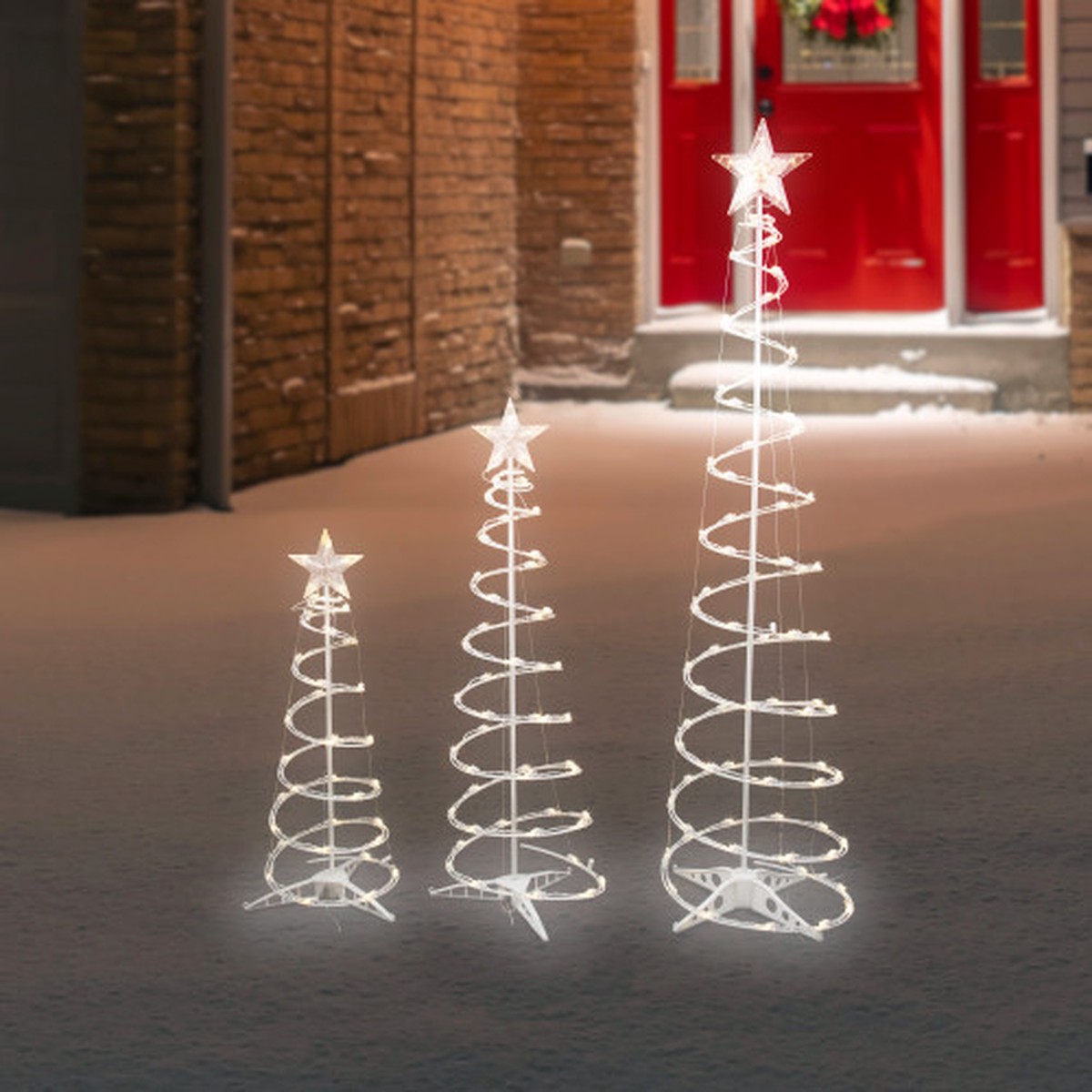 LED Lighted Outdoor Spiral Christmas Cone Trees 3' 4' and 6' - Cool White Lights - Set of 3