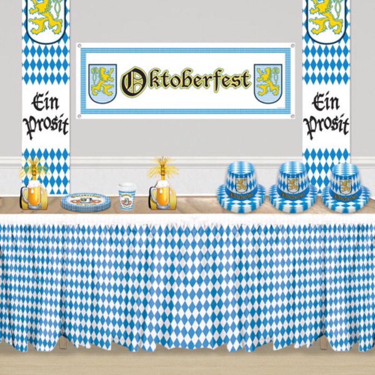 Oktoberfest Harlequin Party Table Skirt -14' - Blue and White - Pack of 6