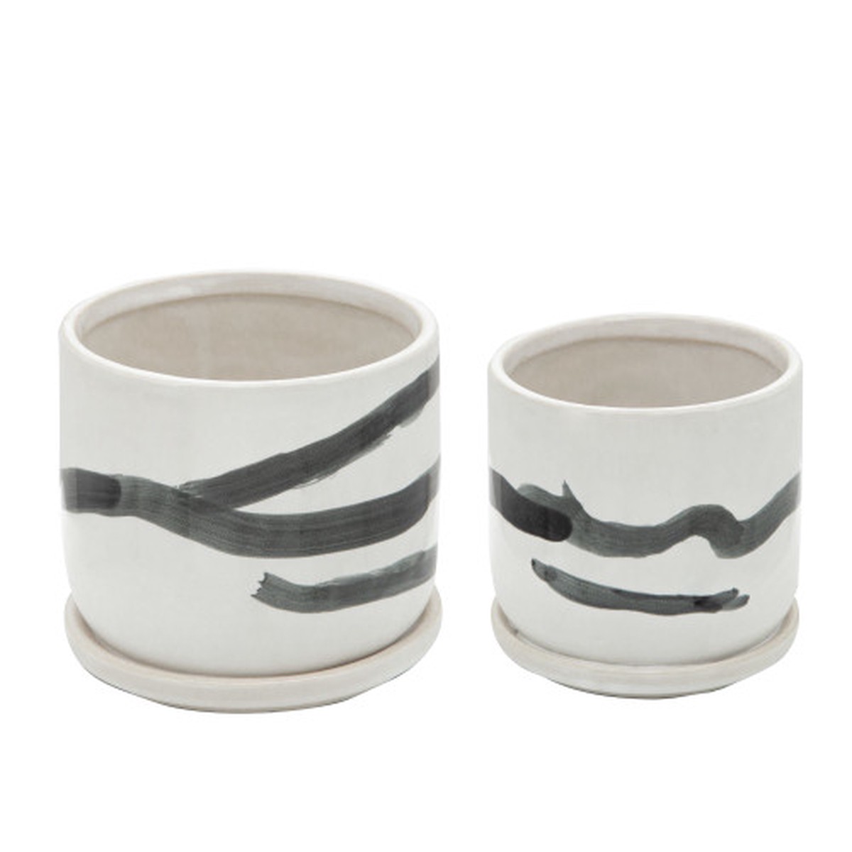 Painted Ceramic Planters with Saucers - 5.5" - White and Black - Set of 2