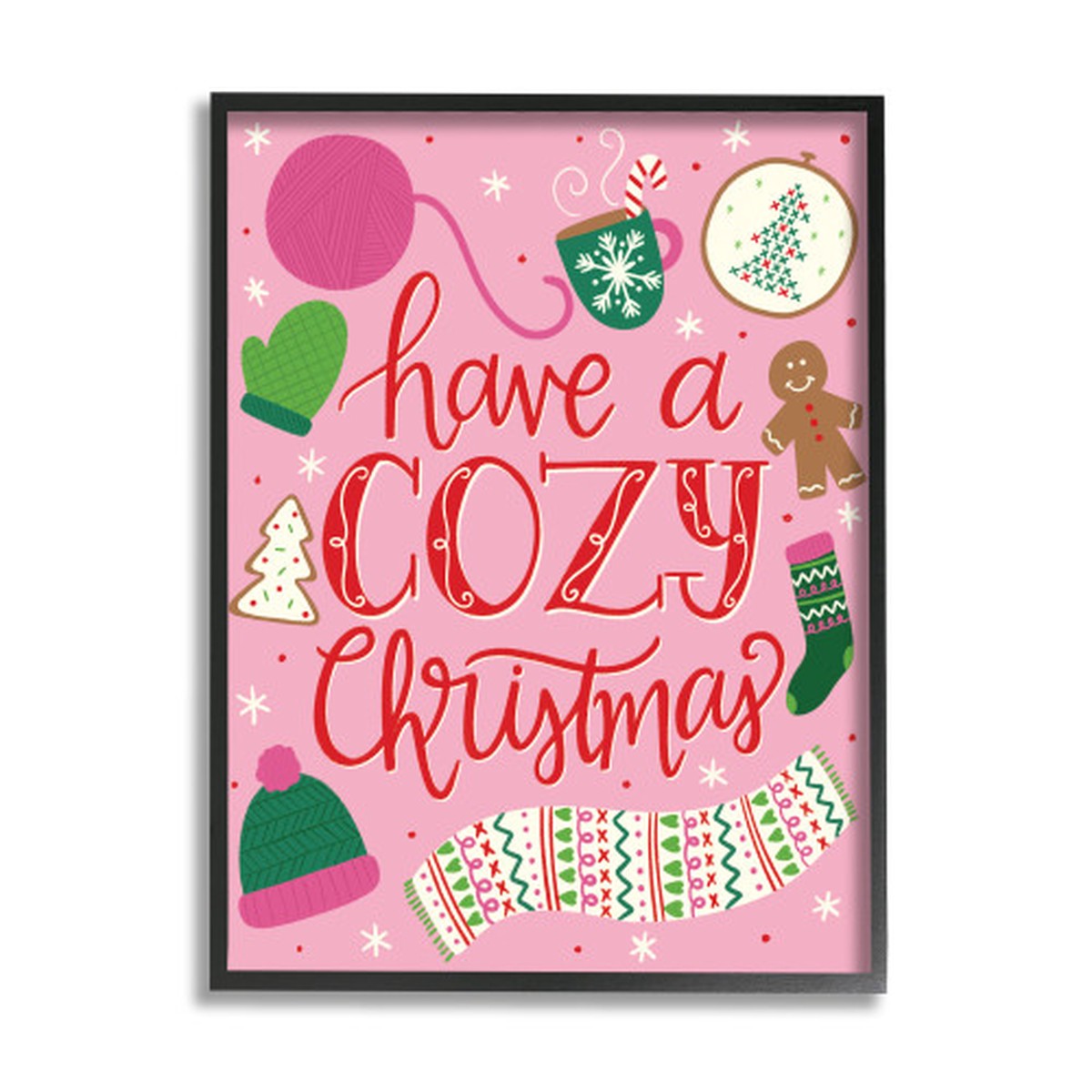Pink and Green Have A Cozy Christmas Phrase Rectangular Framed Wall Art 30" x 24"