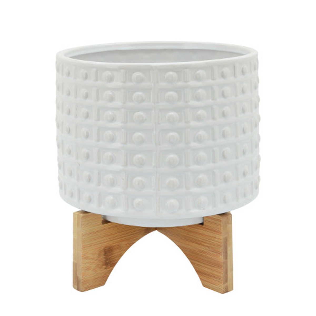 Polka Dotted Ceramic Outdoor Planter with Stand - 8" - White and Brown