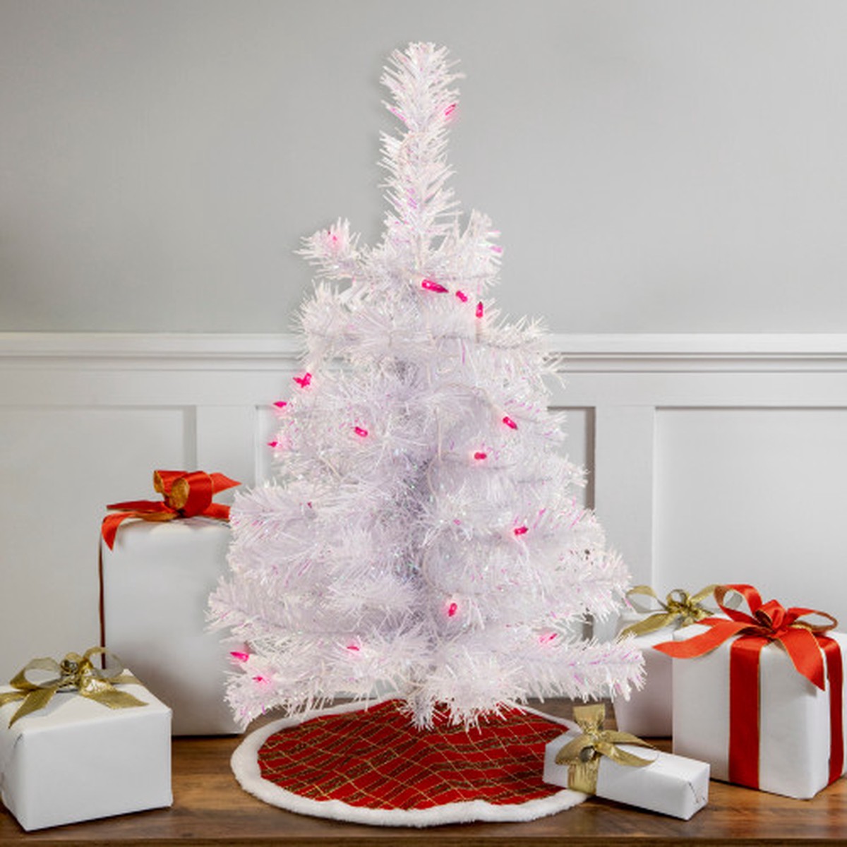 Pre-Lit Medium Rockport White Pine Artificial Christmas Tree - 2' - Pink Lights