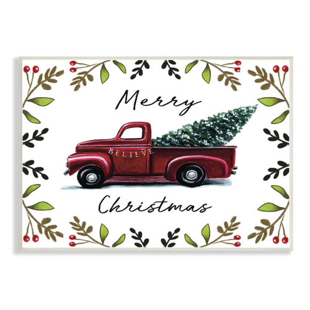 Red and Green Merry Christmas Holly Believe Farm Truck Oversized Wall Plaque Art 10" x 15"