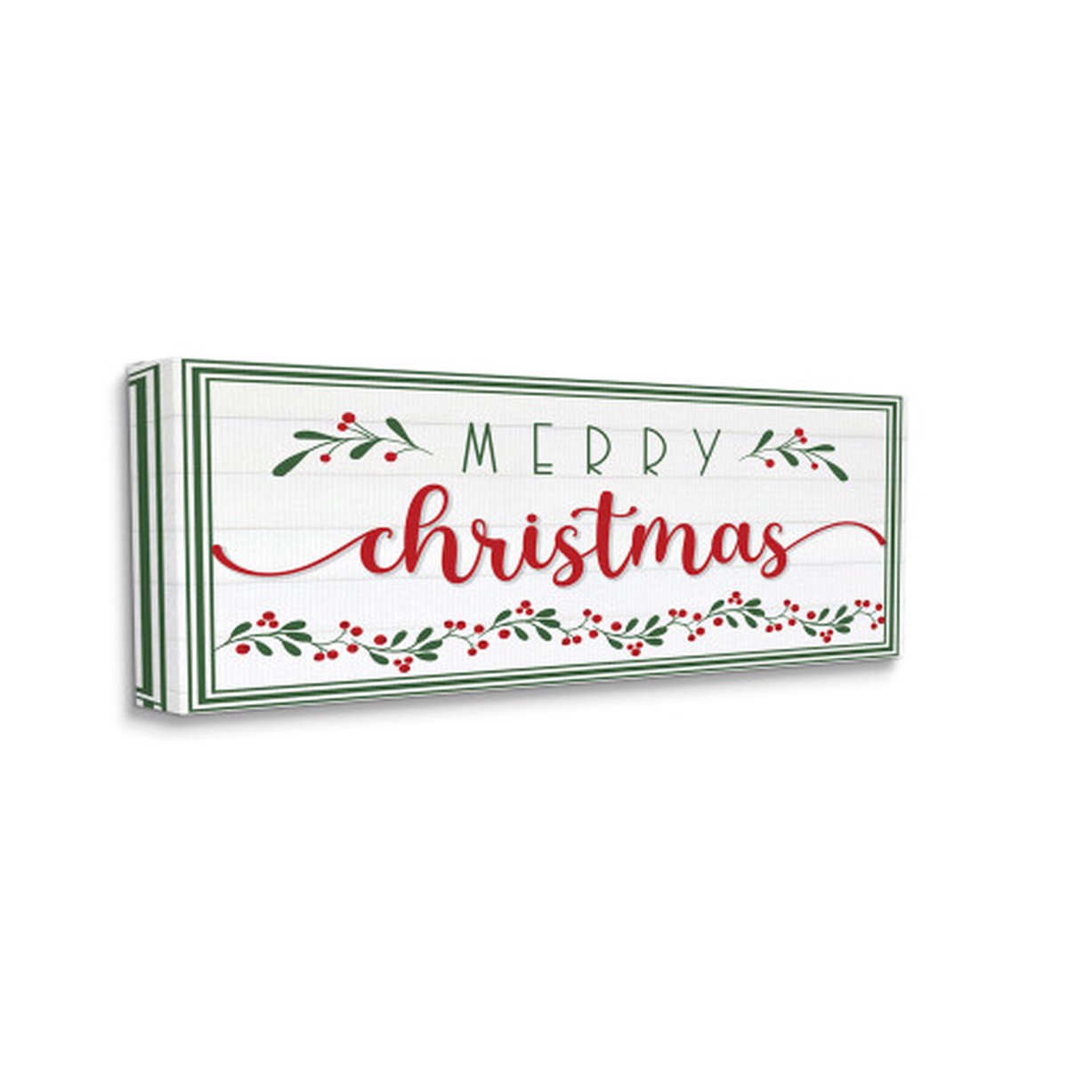 Red and Green Merry Christmas Phrase Festive Floral Holly Rectangular Wall Art 24" x 10"