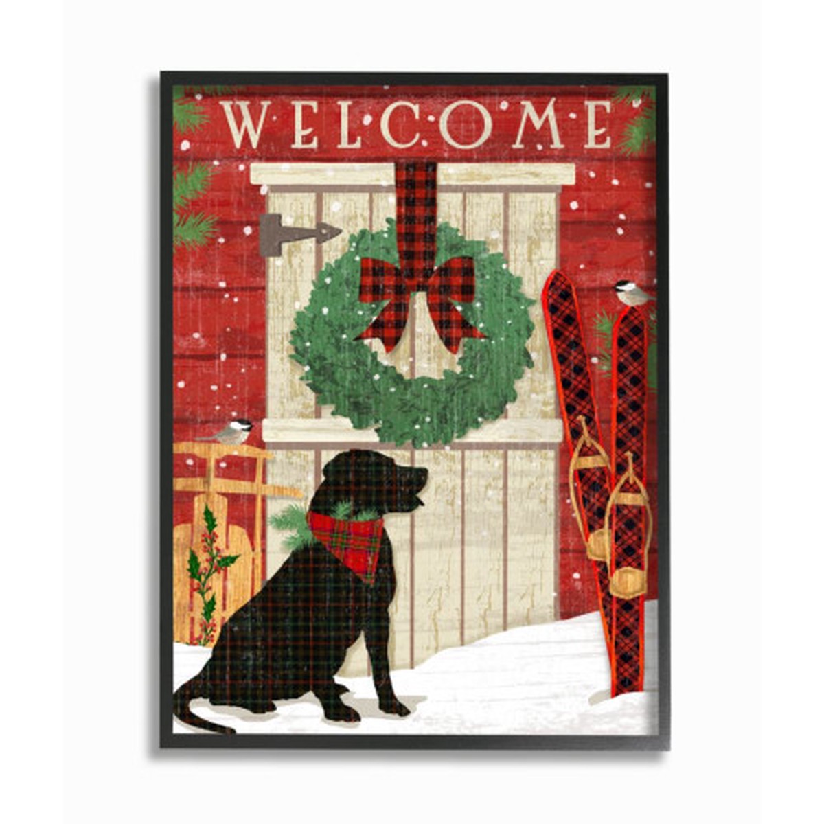 Red and Green Welcome Home Pet Scene Christmas Framed Giclee Texturized Wall Art Decor 20" x 16"