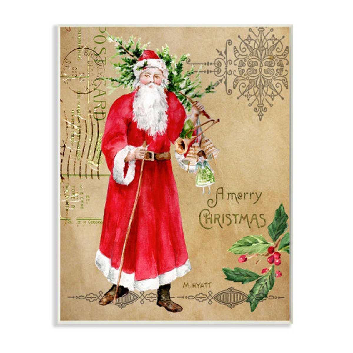 Red and White Vintage Santa Claus Postal Christmas Wall Plaque Art 15" x 10"