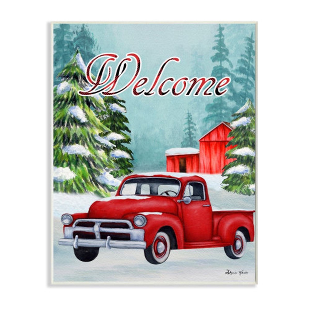 Red and White Winter Welcome Sign Truck Snow Barn Christmas Wall Plaque Art 15" x 10"