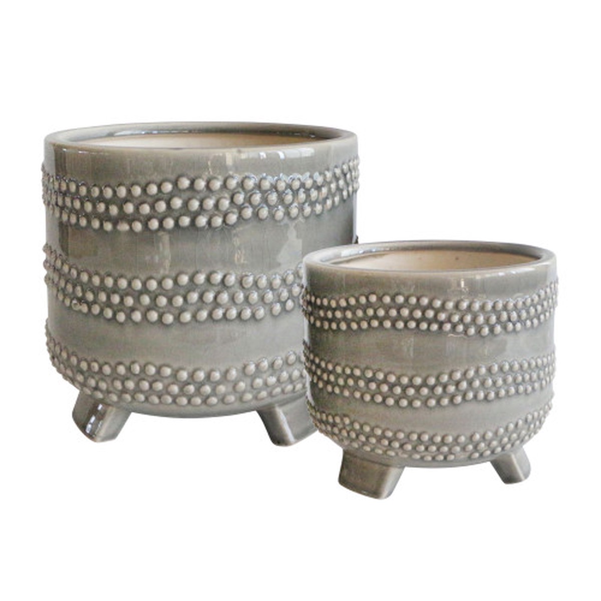 Set of 2 Gray Ceramic Outdoor Footed Planters with Dots 8"