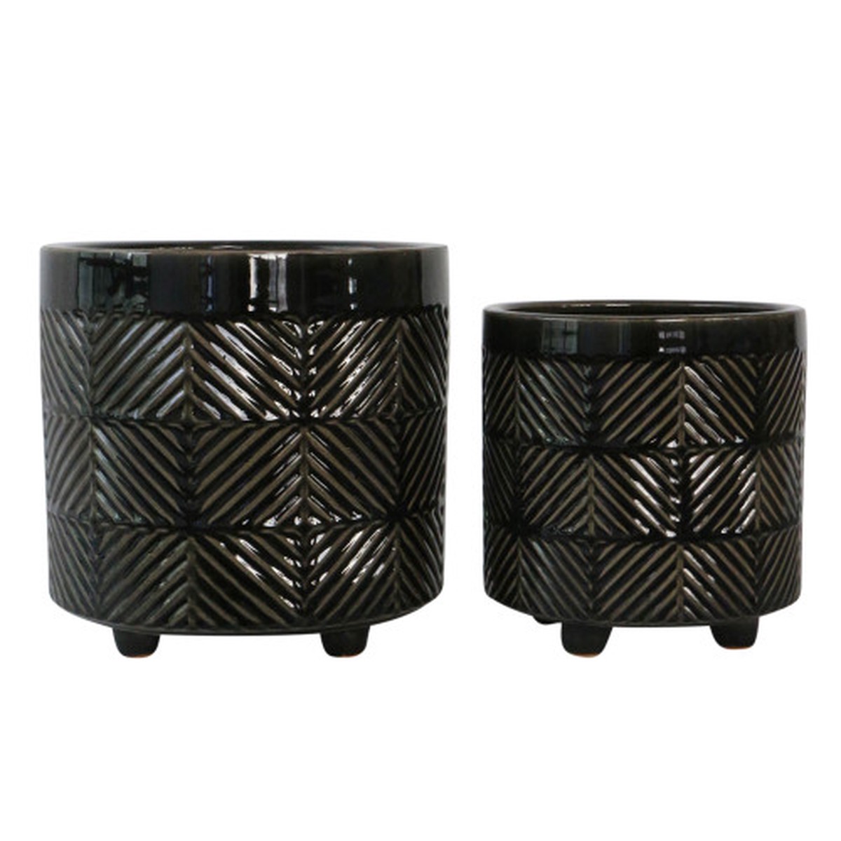 Shiny Textured Footed Ceramic Planters - 8" - Black - Set of 2