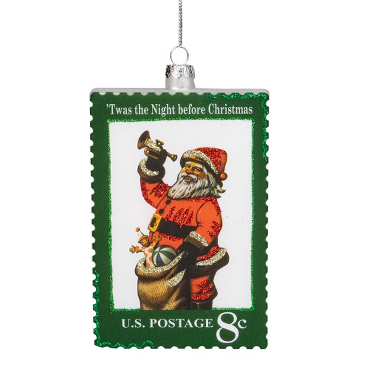USPS Santa Stamp "Twas The Night Before Christmas" Glass Christmas Ornament - 3.5" - Green