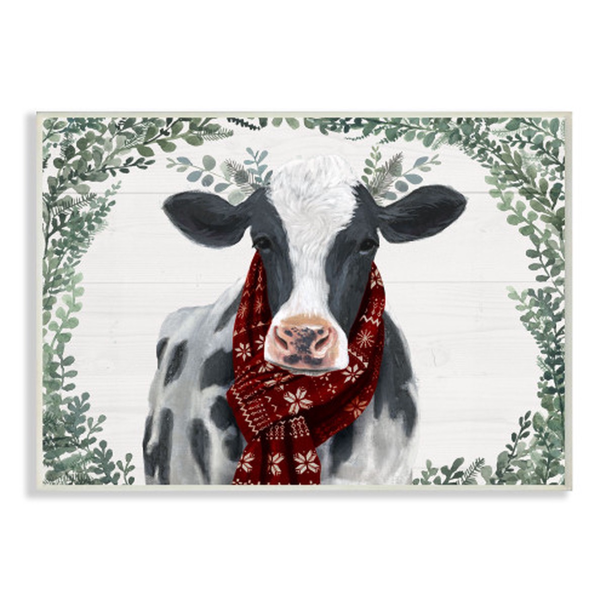 White and Black Cow With Scarf Boxwood Leaves Rectangular Wall Plaque Art 15" x 10"