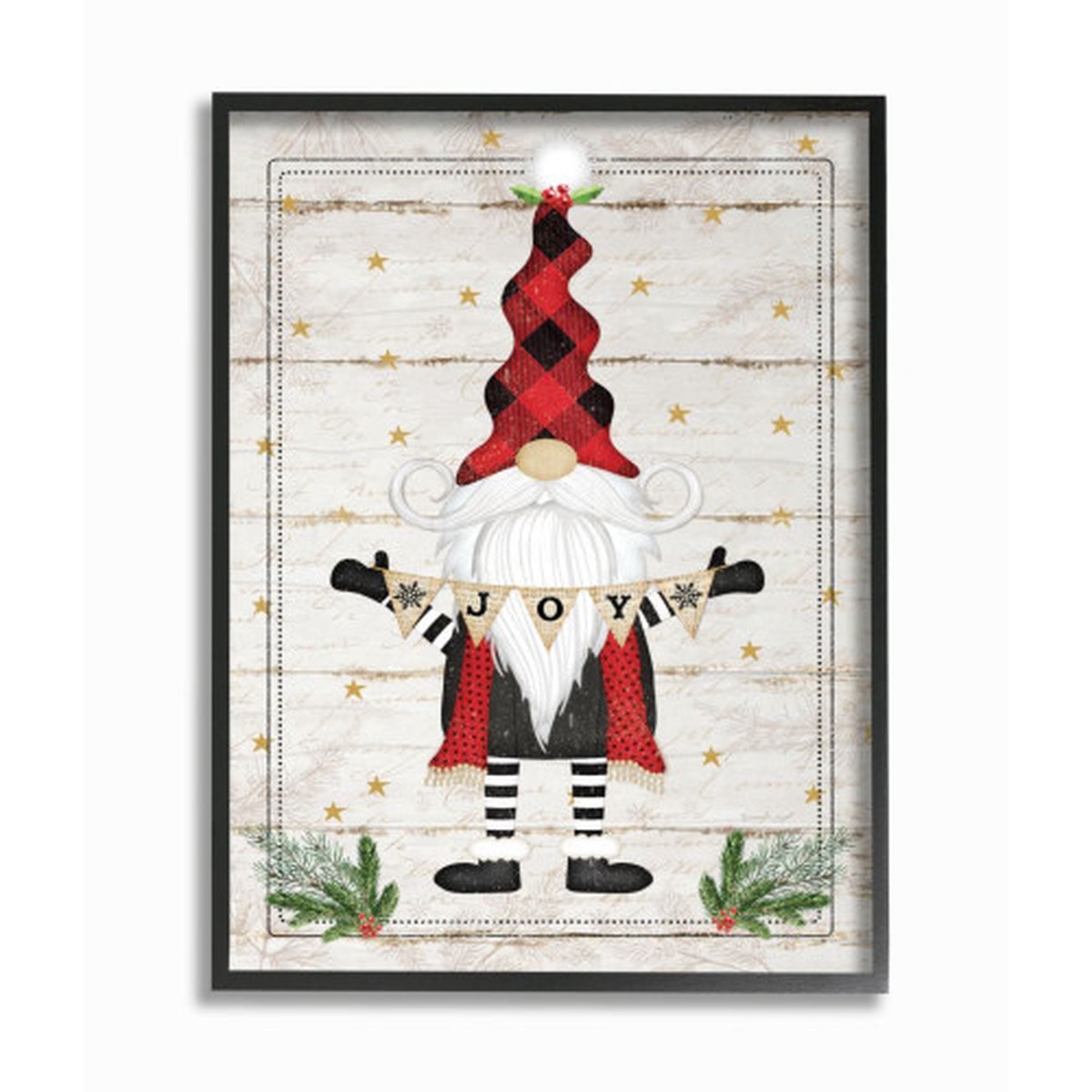 White and Black Whimsical Holiday Gnome "Joy" Framed Christmas Wall Art 30" x 24"