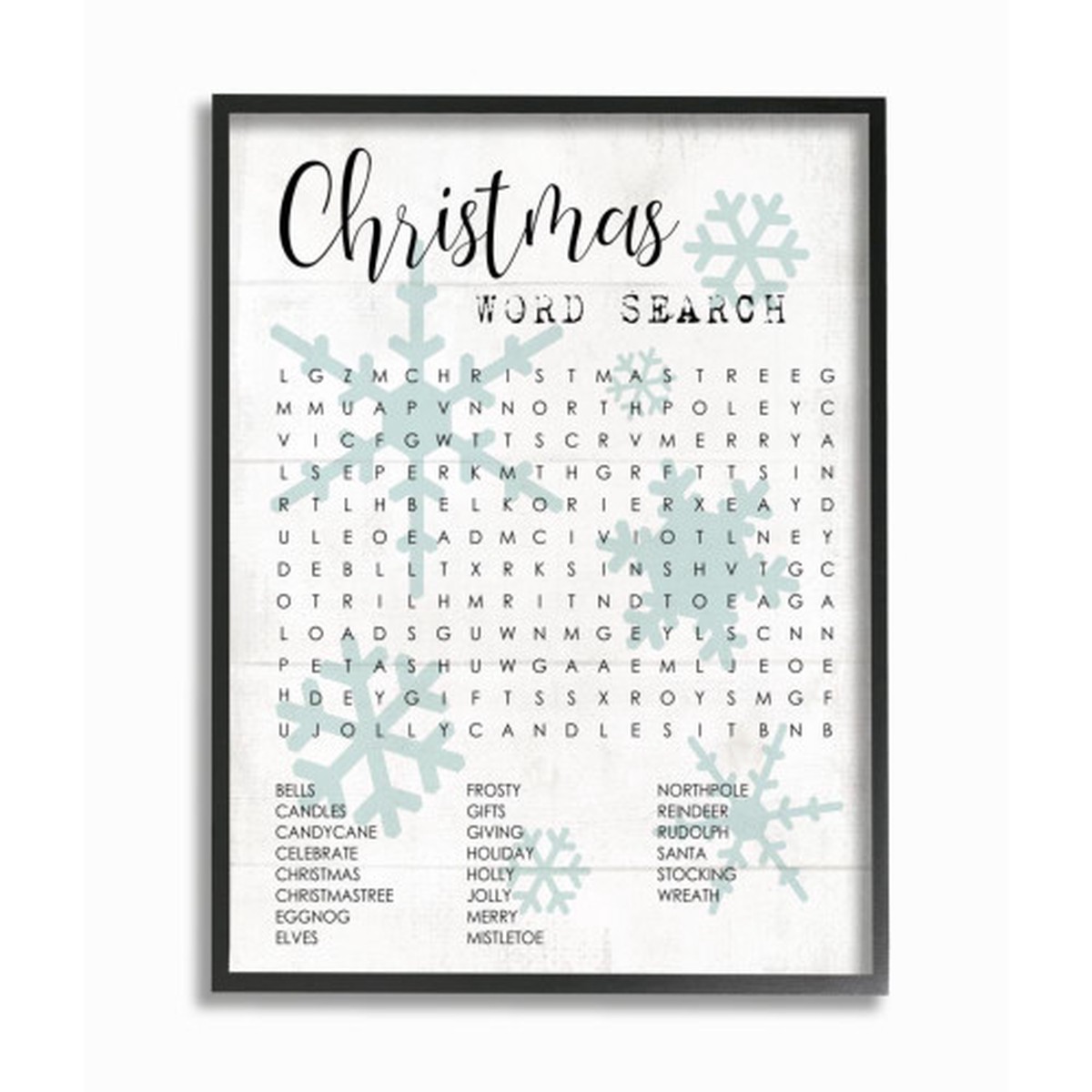 White and Black Word Search Activity Christmas Framed Giclee Texturized Wall Art Decor 20" x 16"