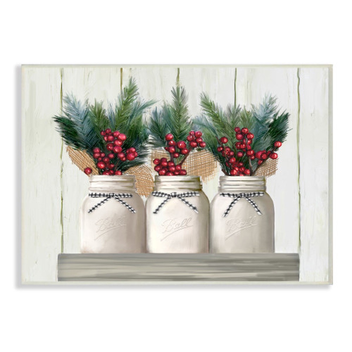 White and Green Jars with Christmas Berry Bouquets Rectangular Wall Plaque Art Decor 19" x 13"