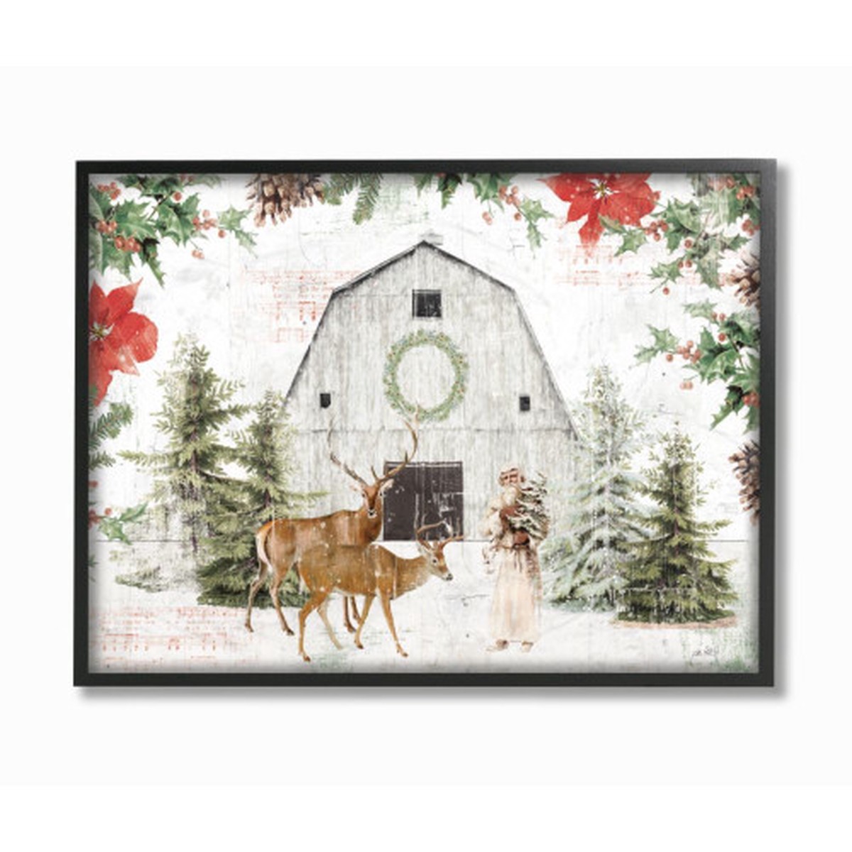 White and Red Barn Animals Winter Christmas Framed Giclee Texturized Wall Art Decor 30" x 24"