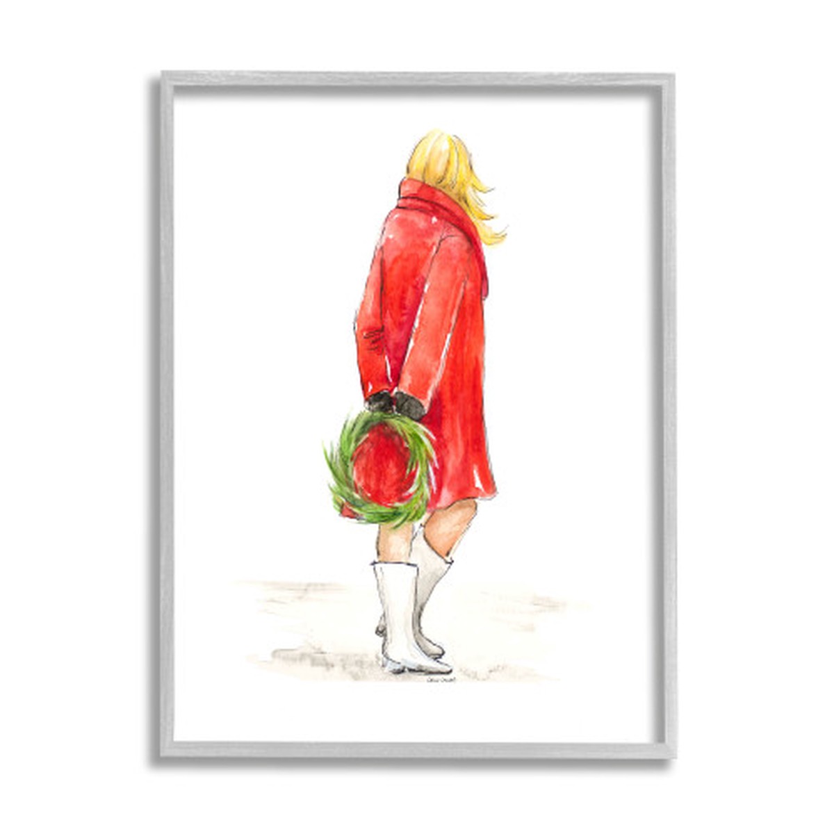 White and Red Christmas Woman with Wreath Farmhouse Rustic Framed Wall Art Decor 30" x 24"