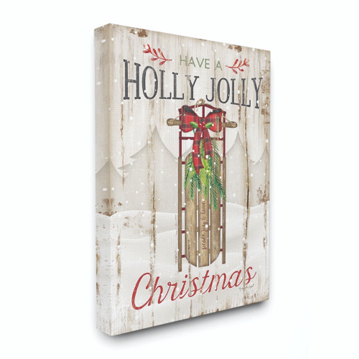 White and Red Holly Jolly Christmas Sleigh Stretched Rectangular Wall Art 40" x 30"