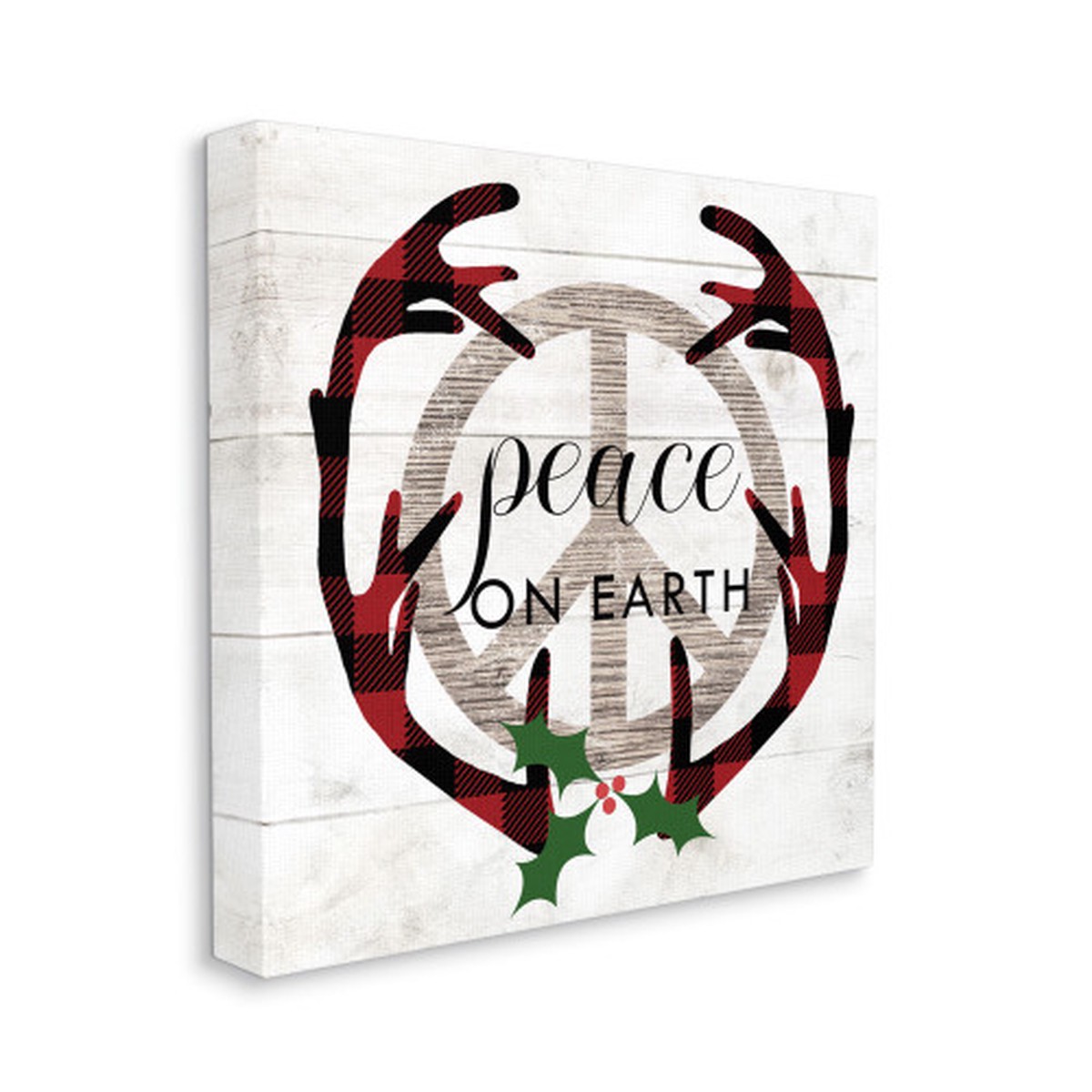 White and Red "Peace on Earth" Christmas Plaid Antlers Square Canvas Wall Art Decor 36" x 36"