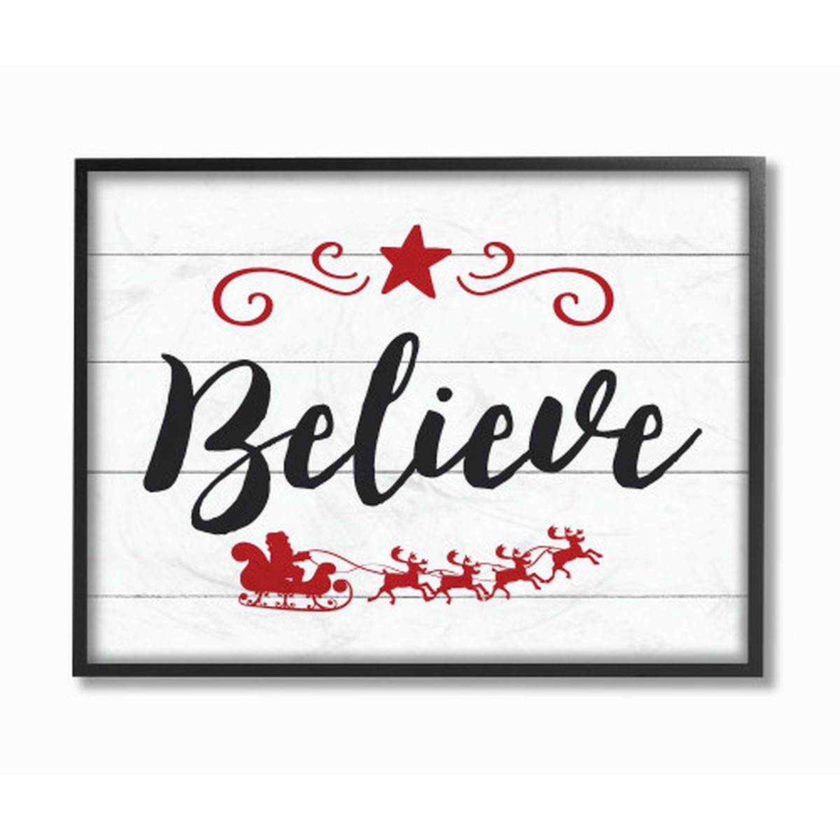 White Believe Typography with Red Sleigh and Star Rectangular Framed Wall Art 20" x 16"