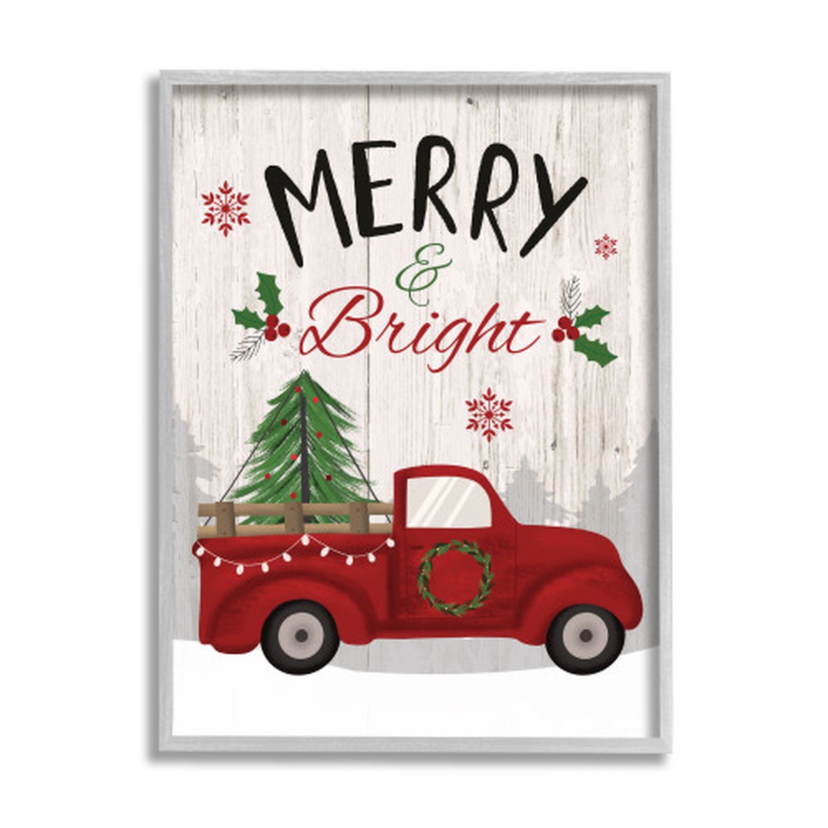 White Merry and Bright Phrase Red Truck Rectangular Rustic Framed Wall Art 20" x 16"