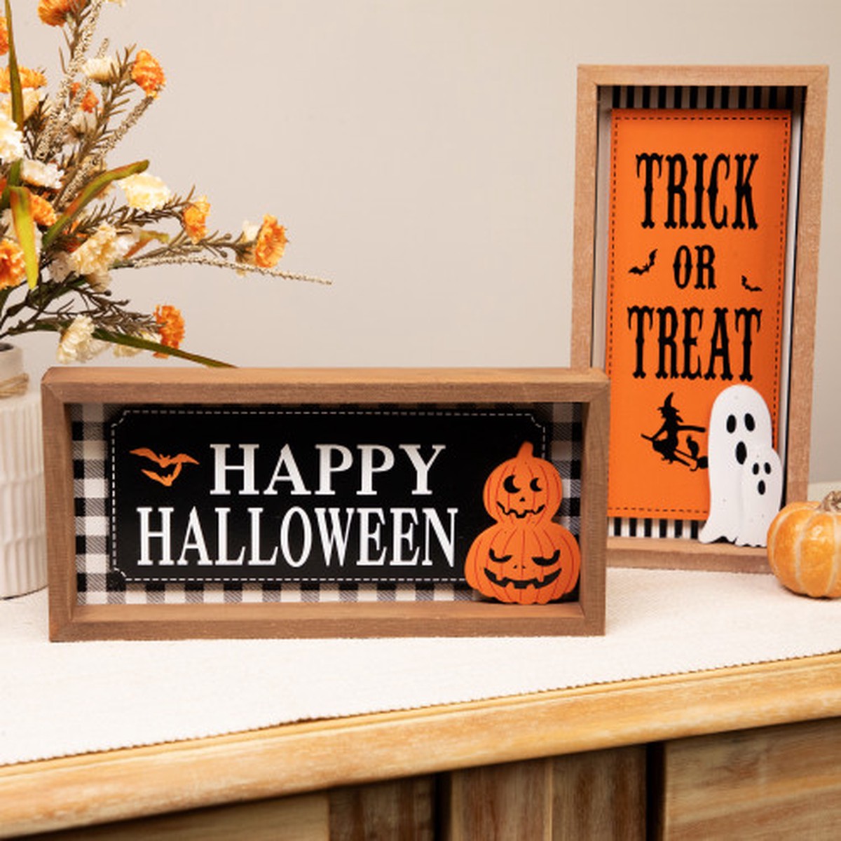 12" Happy Halloween and Trick or Treat Wooden Shadow Box Signs - Set of 2