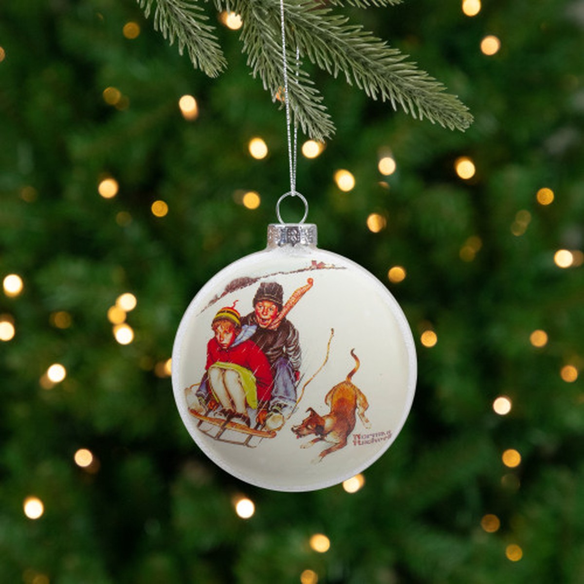 3" Norman Rockwell Young Love Sledding Glass Disc Christmas Ornament