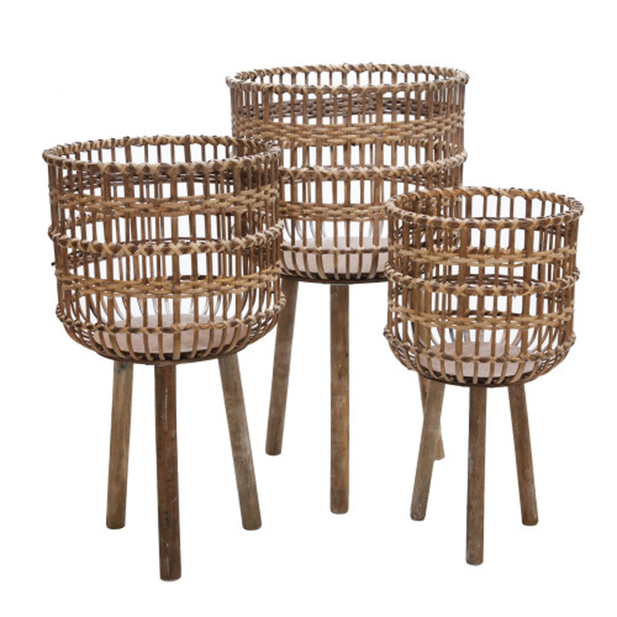 Bamboo Wooden Outdoor Footed Planters - 26" - Brown and Beige - Set of 3