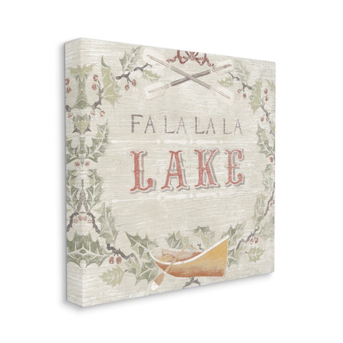 Beige and Green "Fa La La Lake" Winter Wreath XXL Stretched Christmas Wall Art 36" x 36"