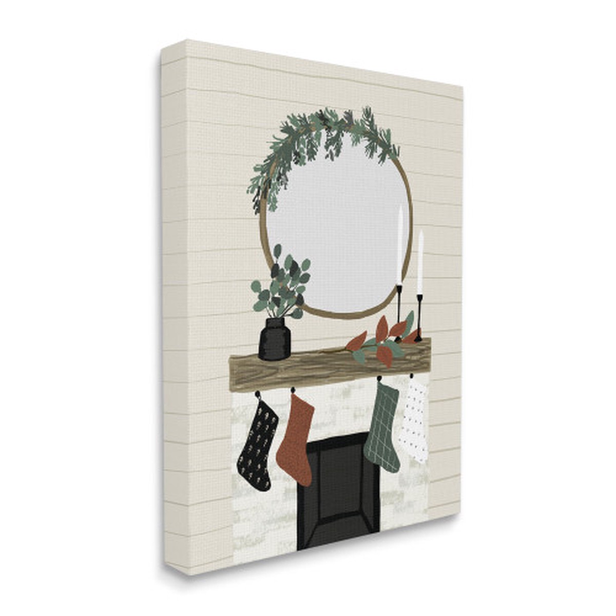 Beige and Green Festive Room Interior Stocking Fireplace Rectangular Wall Art 40" x 30"