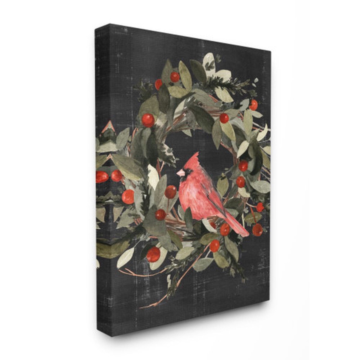 Black and Red Cardinal in Wreath Rectangular Christmas Canvas Wall Art Decor 40" x 30"