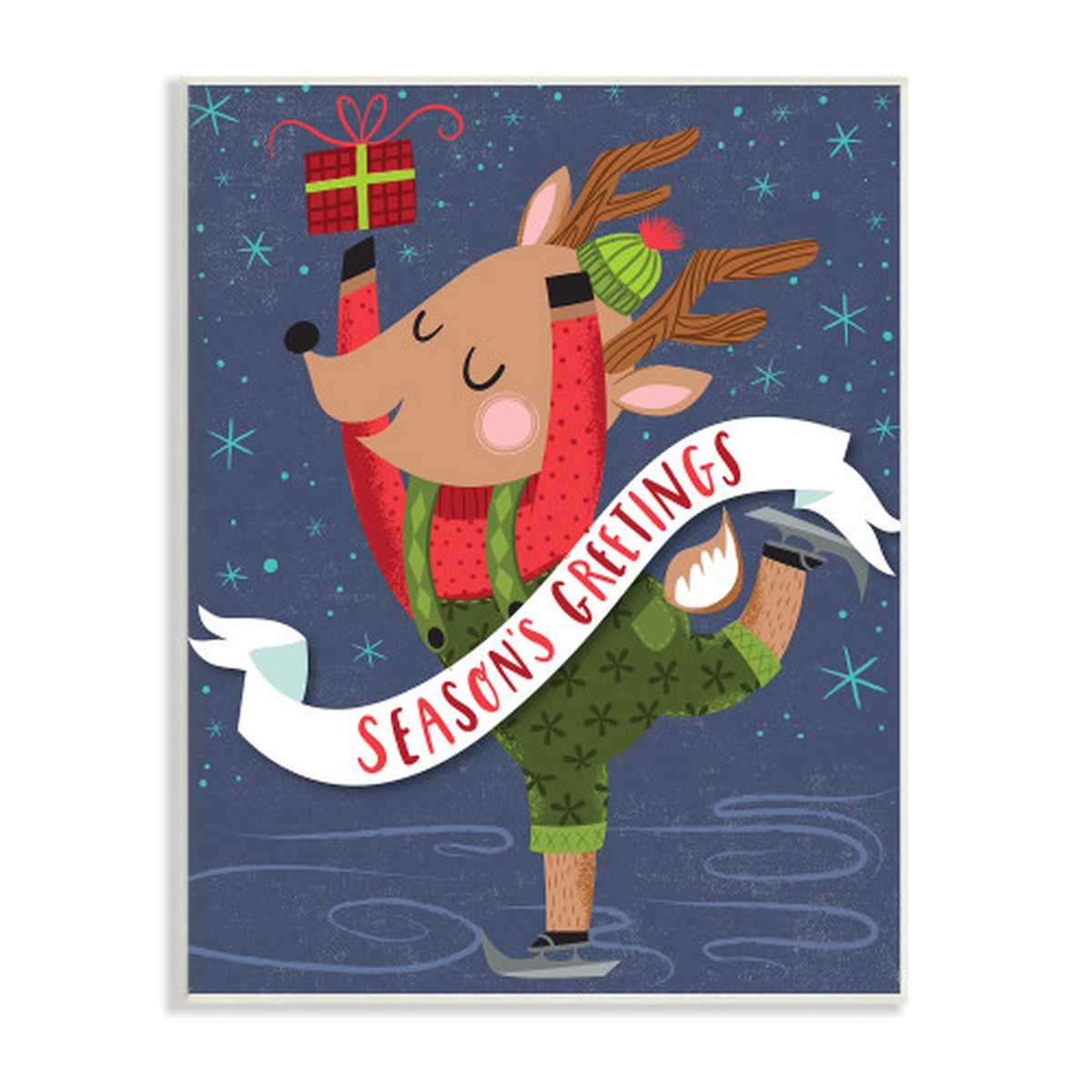 Blue and Green Season's Greetings Dancing Reindeer Christmas Wall Plaque Art Decor 15" x 10"
