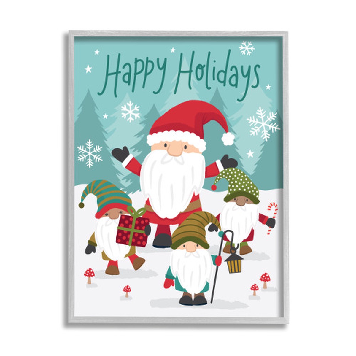 Blue and Red Happy Holidays Santa Gnomes Rectangular Rustic Framed Wall Art 20" x 16"