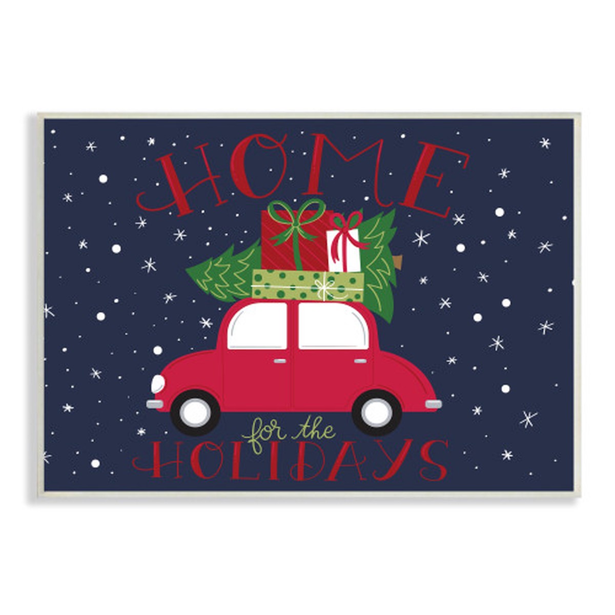 Blue and Red "Home for Holidays" Car with Presents Wall Plaque Art Decor 10" x 15"