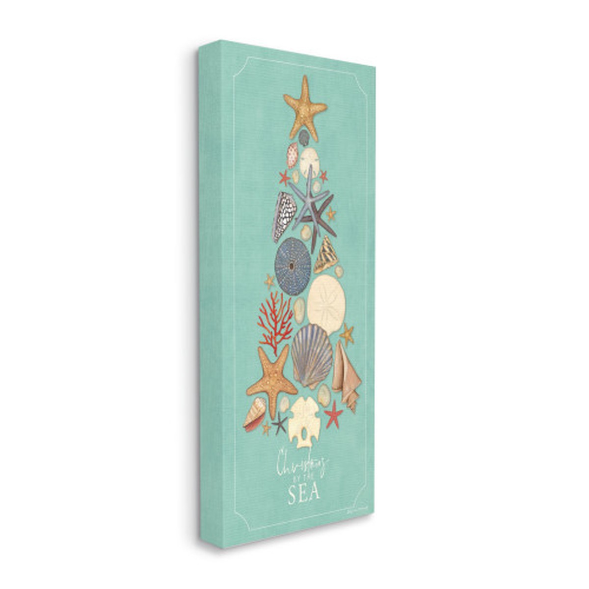 Blue and White "Christmas By The Sea" Seashell Tree Stretched Wall Art Decor 24" x 10"