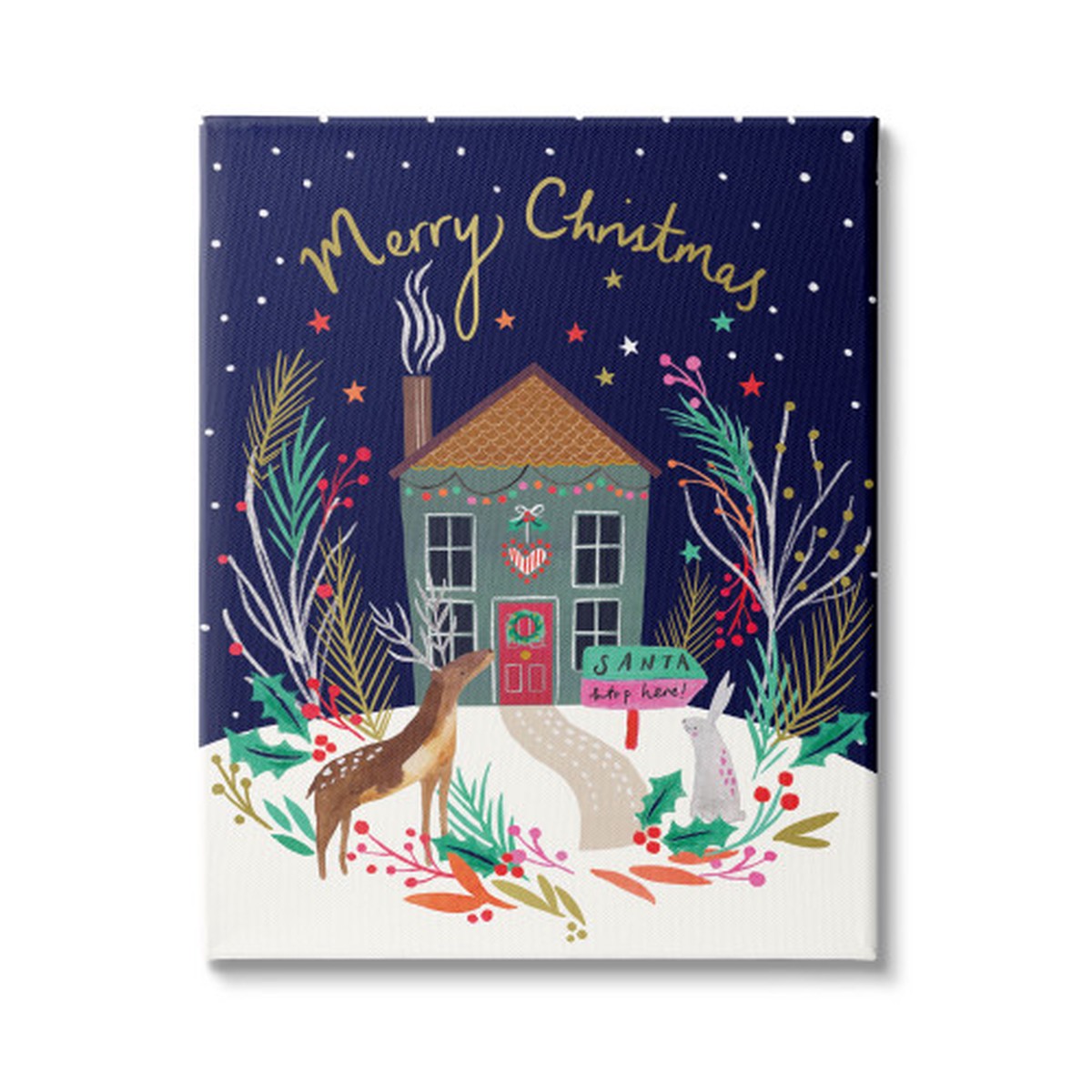 Blue and White Merry Christmas Family Home Reindeer Rectangular Canvas Wall Art 20" x 16"