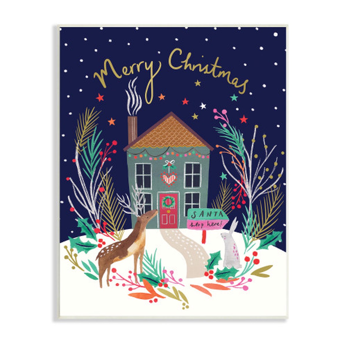 Blue and White Merry Christmas Family Home Reindeer Rectangular Wall Plaque Art 15" x 10"