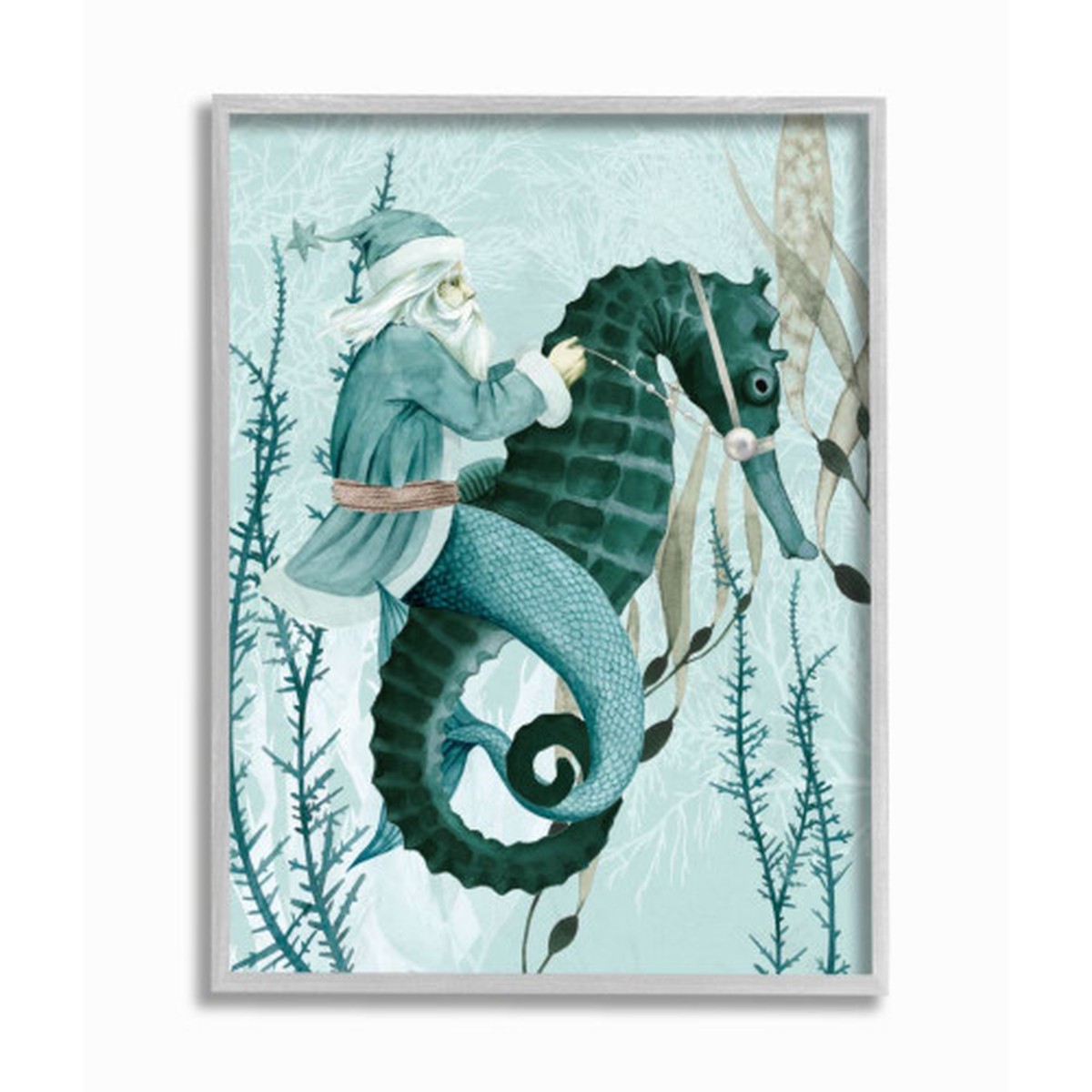 Blue and White Sea Santa Ocean Christmas Farmhouse Rustic Framed Wall Art Decor 20" x 16"b