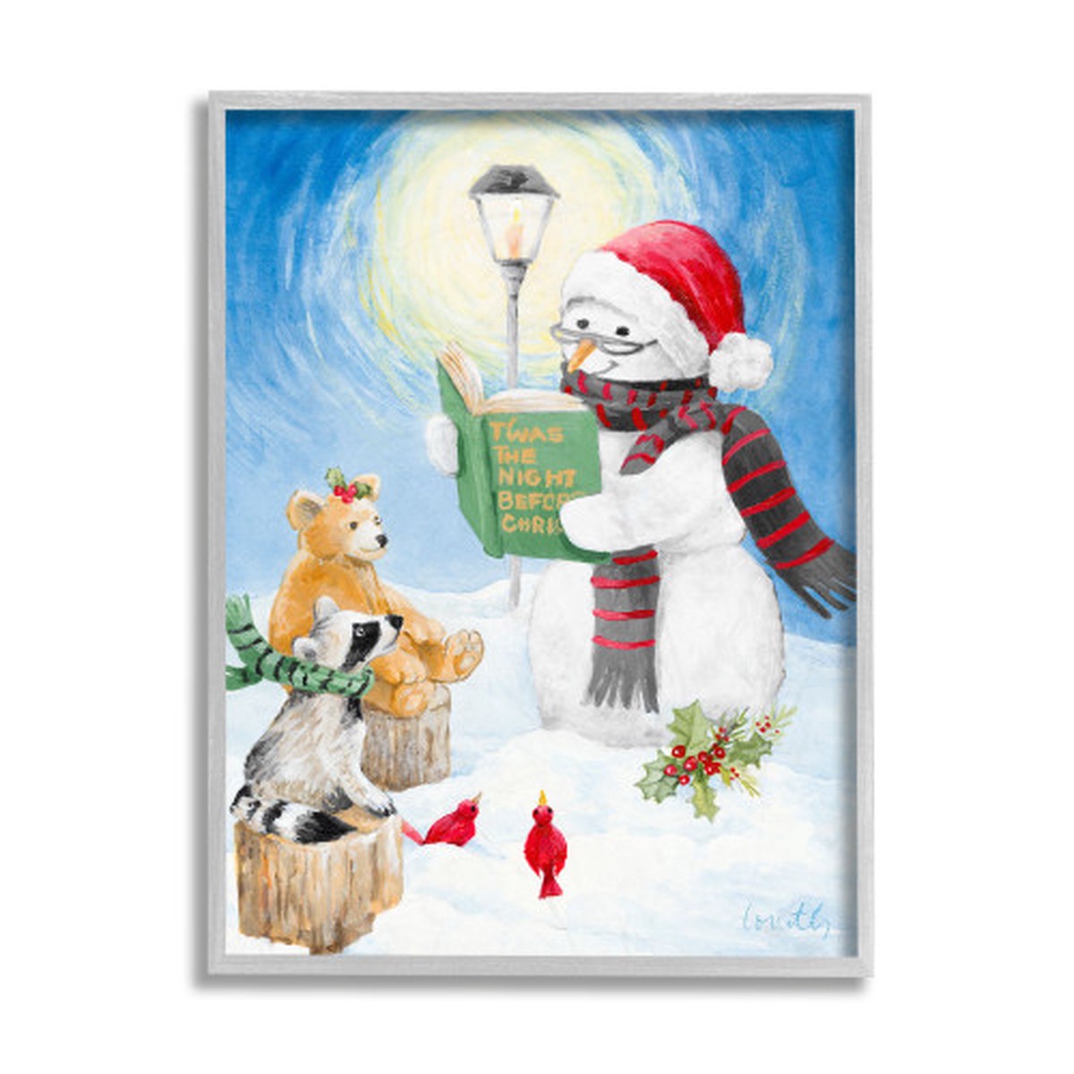 Blue and White Snowman Reading Winter Holiday Animals Gray Rustic Framed Wall Art 20" x 16"