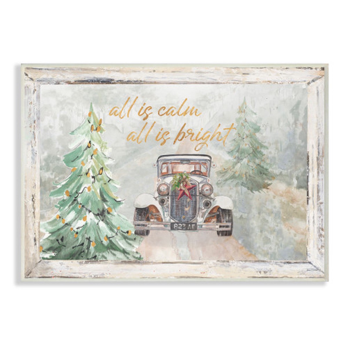 Brown and Green All Is Calm Vintage Christmas Country Road Rectangular Wall Plaque Art 19" x 13"