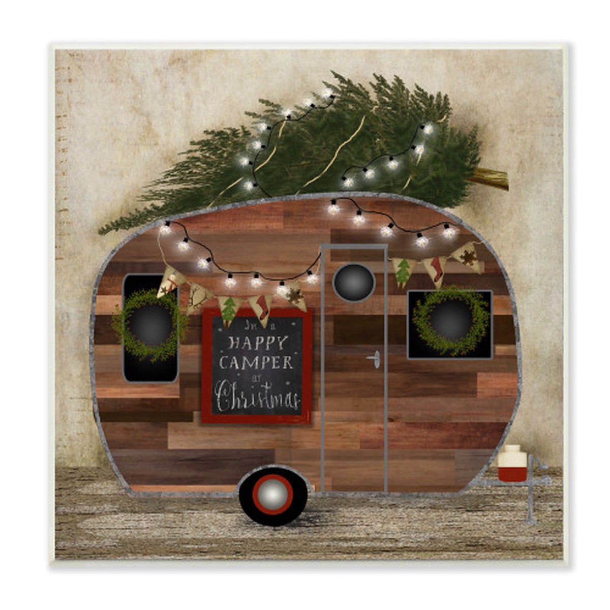 Brown and Green Happy Camper At Christmas Square Wall Plaque 12" x 12"