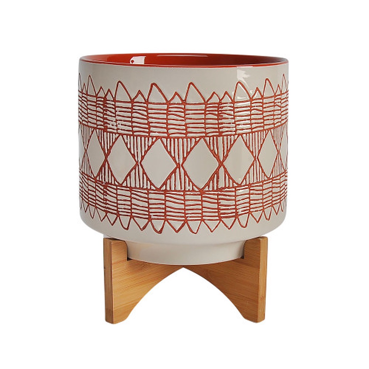 Ceramic Aztec Planter with Stand - 11" - Orange