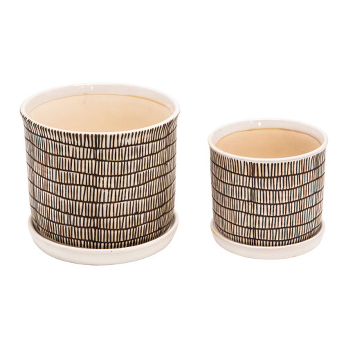 Ceramic Cylindrical Planters with Saucers - 8" - Beige and Brown - Set of 2